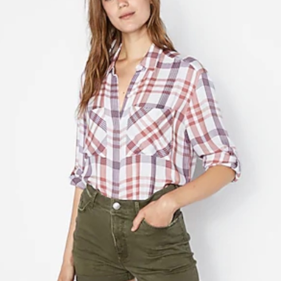 Express Tops - Express Oversized Plaid Two Pocket Shirt